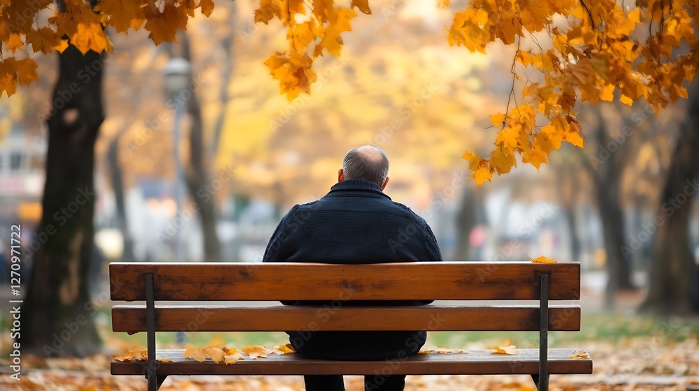 Poster man observing the beauty of autumn leaves while sitting on a bench in a tranquil park : generative a