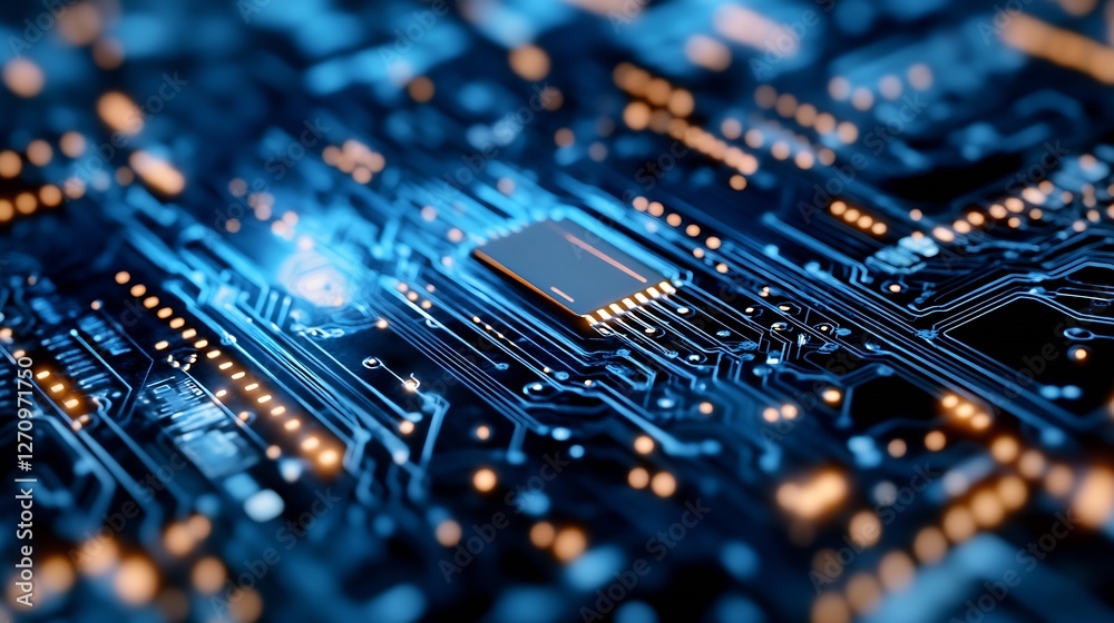 Poster Closeup view of a complex computer motherboard circuit showcasing chips and electronic connections in vivid detail : Generative AI