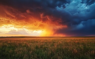 Fototapeta premium Dramatic sunset storm over a vast open field
