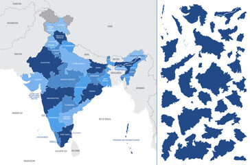 Detailed, vector, blue map of India with administrative divisions country