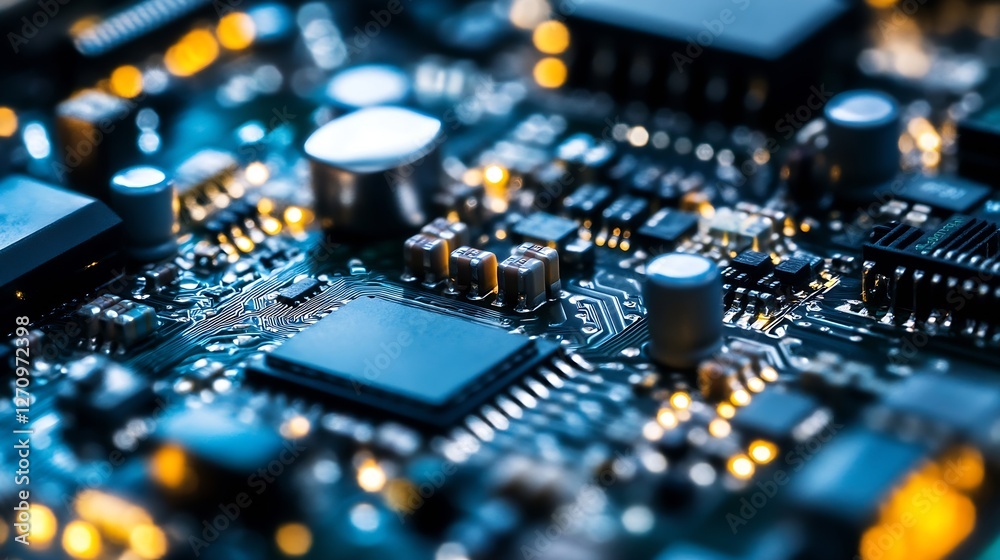 Poster closeup of a circuit board featuring detailed electronic components and bright lights : generative a