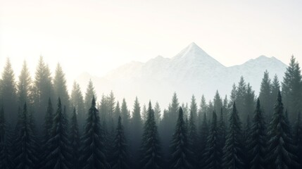Fototapeta premium Snowy Mountain Range, Pine Forest, Sunrise, Peaceful Scenery, Stock Photo