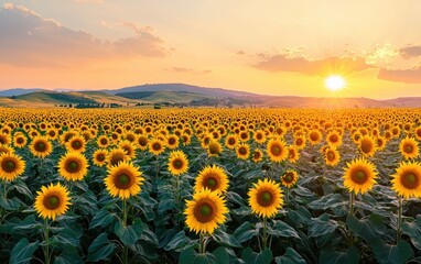 Fototapeta premium Endless sunflower fields glowing under a soft pink sunset