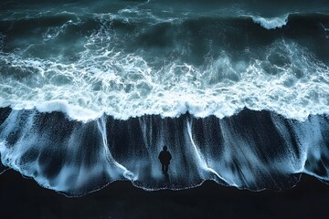 Fototapeta premium Solitary Figure Contemplating Ocean Waves on Rugged Shoreline