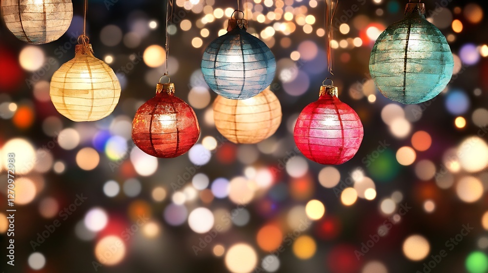 Poster colorful paper lanterns hanging gracefully displaying a magical ambiance in a bokeh filled atmospher