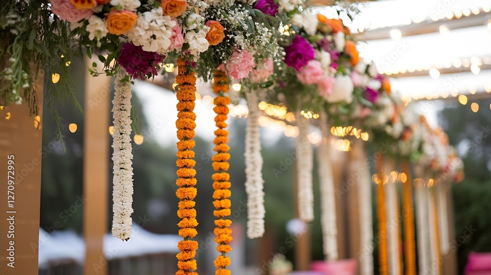Poster richly adorned floral garlands draping beautifully in a vibrant outdoor setup surrounded by lights c