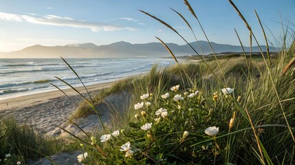 Coastal landscape with white flowers and grass-covered dunes