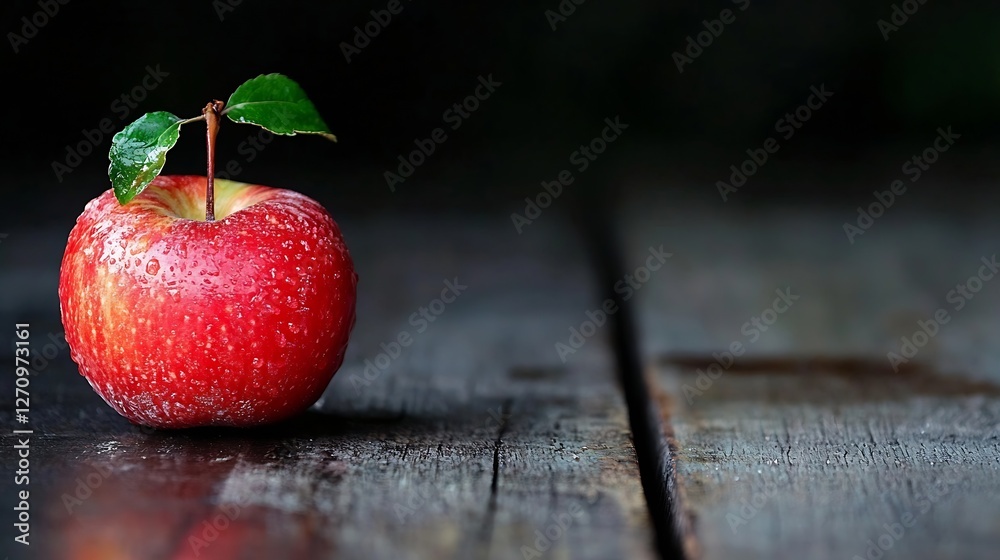 Poster single red apple with water droplets on a rustic wooden table set against a dark background : genera