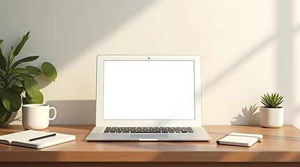 Modern Minimalist Workspace: Laptop, Plants, and Natural Light