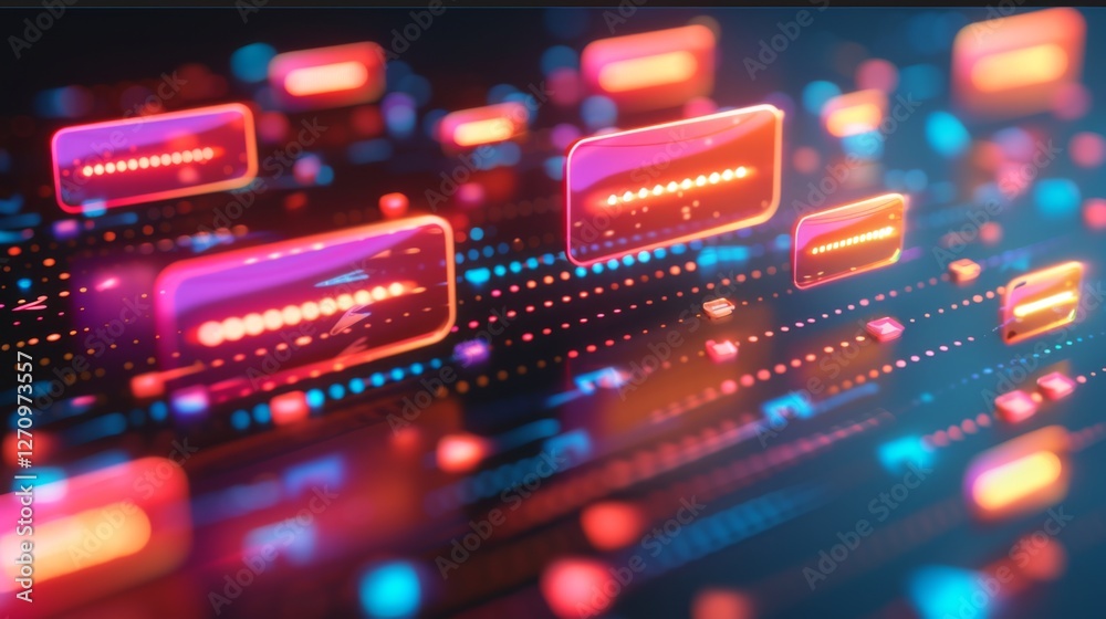 Poster Vibrant neon lights and abstract shapes create a dynamic visual representation of technology in a modern setting during a digital art event, showcasing innovation and creativity.
