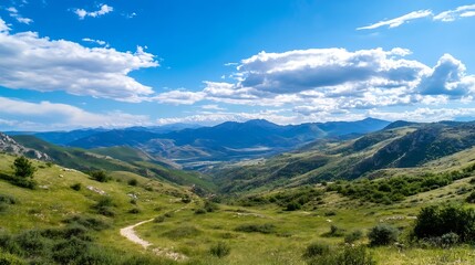 Fototapeta premium Breathtaking Mountain Landscape with Lush Green Hills and Blue Sky : Generative AI