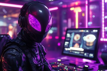 Futuristic character with glowing eyes interacts with a digital gaming interface in a neon-lit arcade