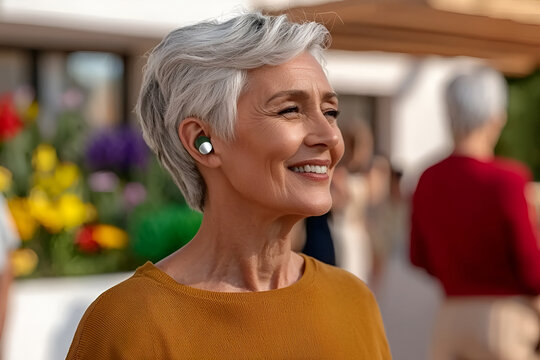 Happy senior woman enjoying music with wireless earbuds or using a hearing aid outdoors