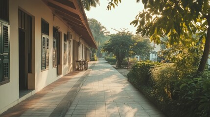 Sunny walkway through a colonial-era building complex. Possible use  Stock photo for travel/tourism brochure