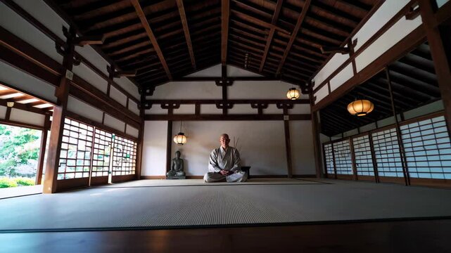 Japanese Monk Zen Meditation in Old Temple.