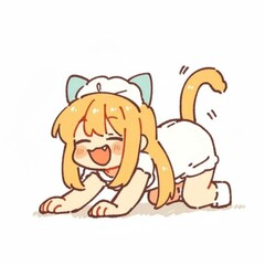 Obraz premium デフォルメ、擬人化した少女、猫、アイコン、素材