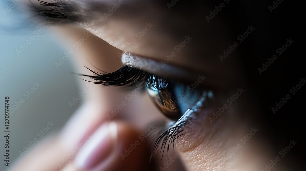 Poster close up view of a lovely child's eye with long eyelashes and soft light reflections : generative ai