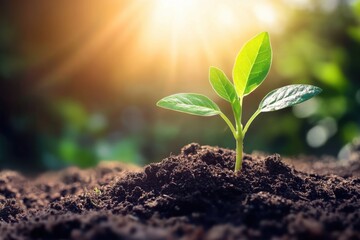 Fresh small tree growing in soil with sunshine background. Perfect concept for environmental protection, Tree Planting Day, personal growth, argricultural production, ecology balance. With copy space.