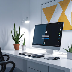 This image captures a pristine, minimalist office desk setup designed for productivity and focus. The stark white desk is complemented by a sleek silver laptop,