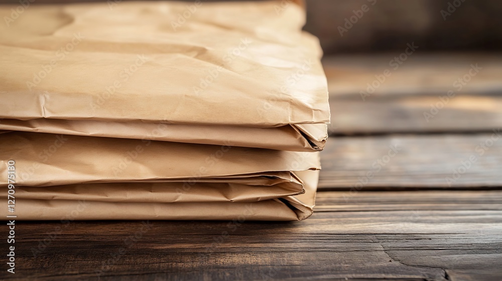 Poster neatly stacked brown paper parcels resting on a rustic wooden surface depicting simplicity and organ