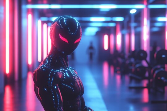 Futuristic figure stands in neon-lit gym corridor during evening workout session