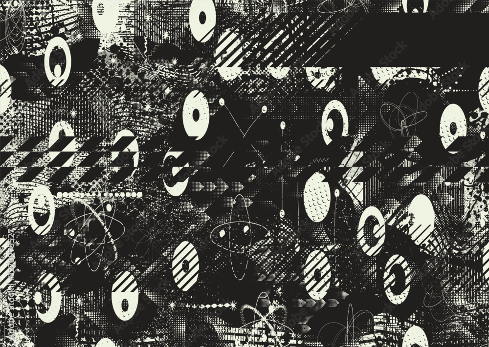 Poster Background with glitch distorted grunge textures . grunge background texture with halftone dots, glitched shapes, textures and lines .Screen print vector background with grunge textured surface.