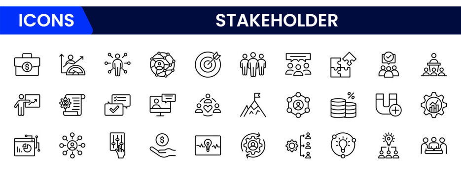 Stakeholder outline icons set. Business, teamwork, trade unions, suppliers, government, customers, creditors, community, investors and partners.
