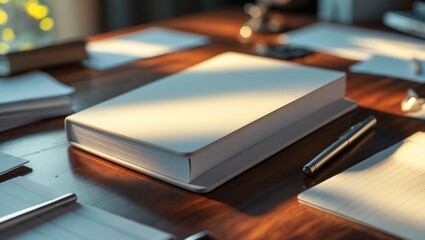 Blank notebook rests on a wooden table surrounded by stationery in a warm, inviting workspace with soft sunlight