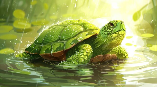 A vibrant turtle swims in a sunlit pond, surrounded by lush greenery and gentle raindrops.