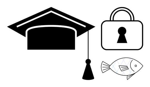 Graduation cap, padlock, and fish emphasizing education, security, and environmental conservation. Ideal for academic success, privacy, ecological study, knowledge representation cyber protection