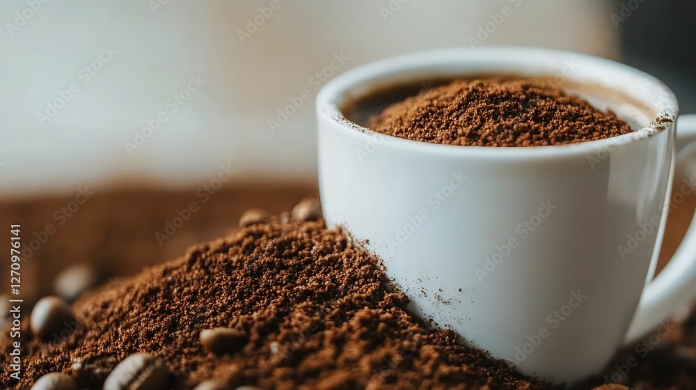 Poster freshly brewed coffee with ground beans in a white cup on a rustic table : generative ai
