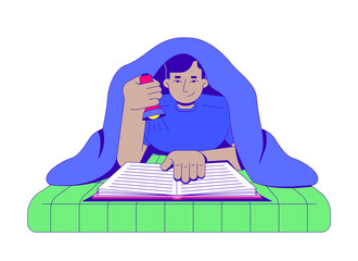 Reading book under blanket with flashlight cartoon flat illustration. Study homework nostalgia. Bedtime stories. Bookworm lifestyle 2D character isolated on white background. Vector colorful image