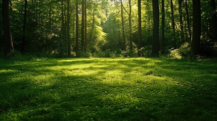 Obraz premium A thick carpet of green grass covering the ground in a lush forest clearing, offering a perfect outdoor backdrop