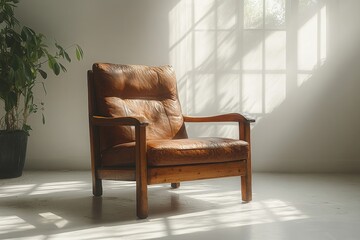 Cozy Vintage Leather Armchair Surrounded by Soft Natural Light in Minimalist Room with Green Plant and Warm Shadow Play