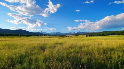 Obraz premium Scenic landscape showcasing vast green grassy fields under a bright blue sky with fluffy clouds and mountains : Generative AI