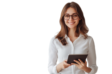 Young businesswoman holding a tablet, isolated on a transparent background