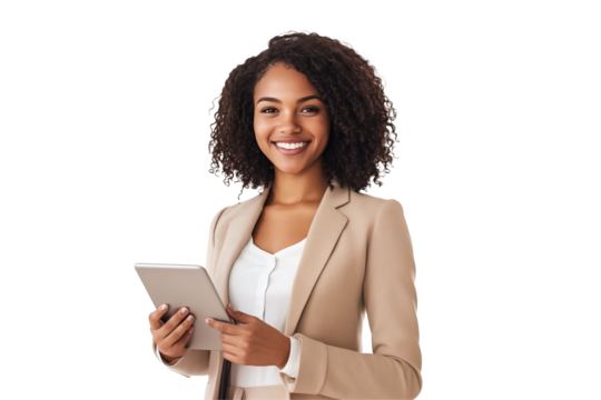 Young black businesswoman holding a tablet, isolated on a transparent background