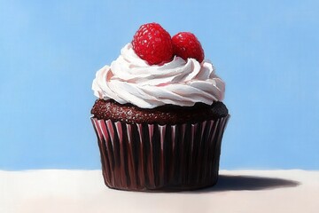 Delicious Chocolate Cupcake with Whipped Cream Topping and Raspberries on a Light Blue Background, Perfect for Sweet Treats, Desserts, and Bakery Themes