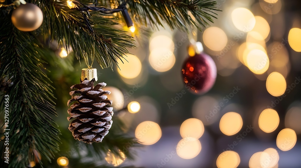 Aufkleber Festive pine cone and shiny ornaments on a Christmas tree surrounded by sparkling lights and bokeh effects : Generative AI