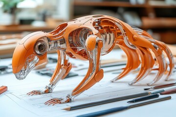 Futuristic Robotic Animal Design Featuring an Intricate Mechanical Structure with Detailed Engineering Elements and a Striking Orange Exterior in a Modern Workspace