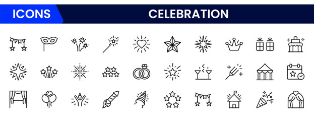 celebration line icons collection. Big UI icon set in a flat design. Thin outline icons pack. Vector illustration