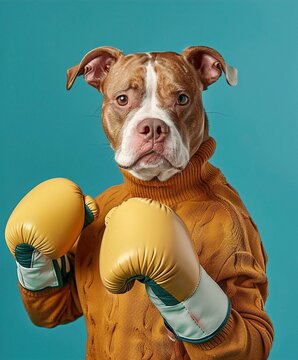 A confident brown and white dog wearing a yellow sweater and boxing gloves, ready to take on the world against a vibrant blue backdrop. knockout dog boxer