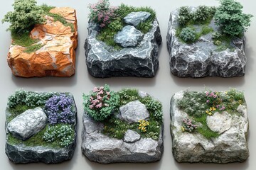 Lush, Green Rock Outcrops with Vibrant Plants and Flowers in a Natural Setting, Ideal for Nature and Landscape Illustrations, 3D Rendered Elements