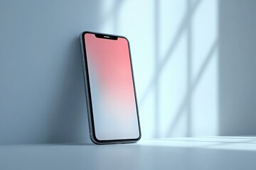 Modern smartphone with minimalistic design leaning against the wall, featuring a smooth gradient screen reflecting soft light and shadows in a serene setting