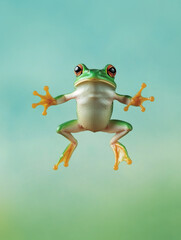 Naklejka premium A vibrant green frog with orange eyes and yellow-orange webbed feet, posed against a soft, blurred background in shades of blue and green, creating a serene and whimsical atmosphere.