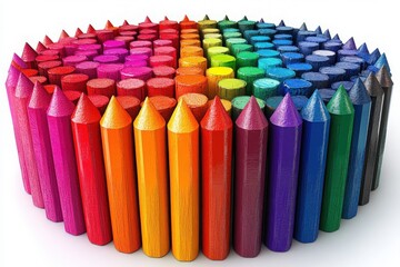 Vibrant Collection of Colorful Crayons Arranged in Circular Pattern with a Spectrum of Colors from Red to Purple, Ideal for Artistic and Educational Purposes