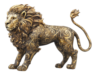 majestic golden lion statue with intricate detailing, showcasing its powerful presence and artistic craftsmanship. This stunning piece captures essence of strength and beauty