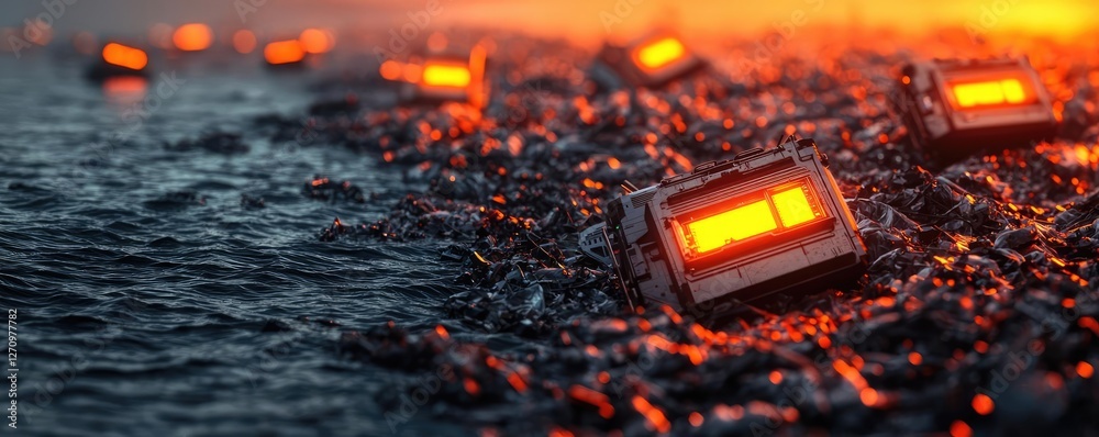 Poster Plastic pollution concept. Luminous objects floating on tranquil water, creating a serene and captivating atmosphere.