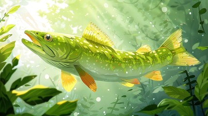 Naklejka premium A vibrant illustration of a fish swimming through a lush underwater environment.