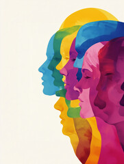 A vibrant, abstract illustration featuring multiple overlapping profiles of women in various colors, creating a harmonious blend of shapes and hues.